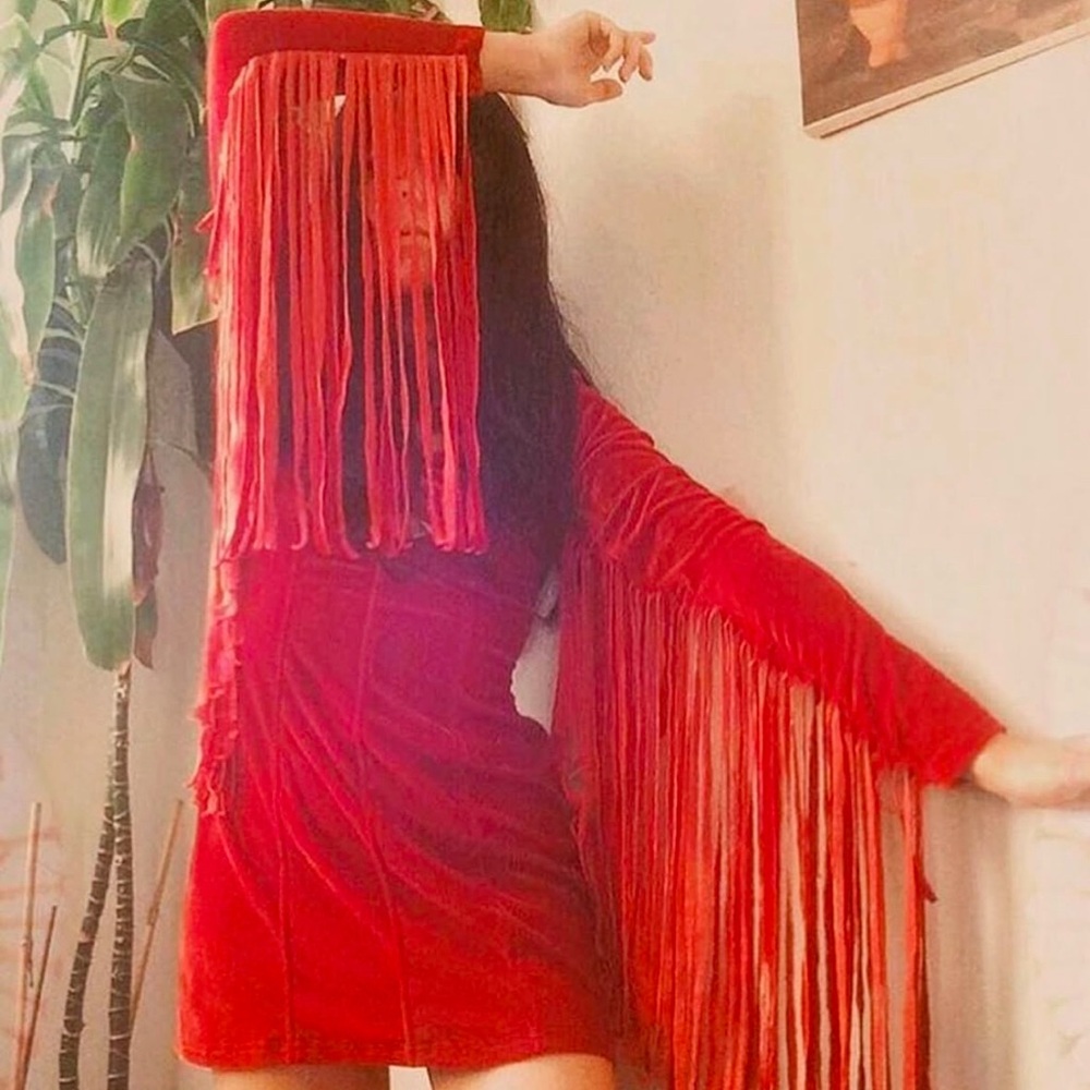 Miracle Eye Heartbreaker Fringe Velvet Dress in rust